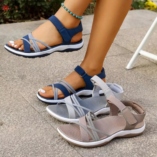 Adjustable Strap Open-Toe Sandals in Blue - women's strappy flat sandals