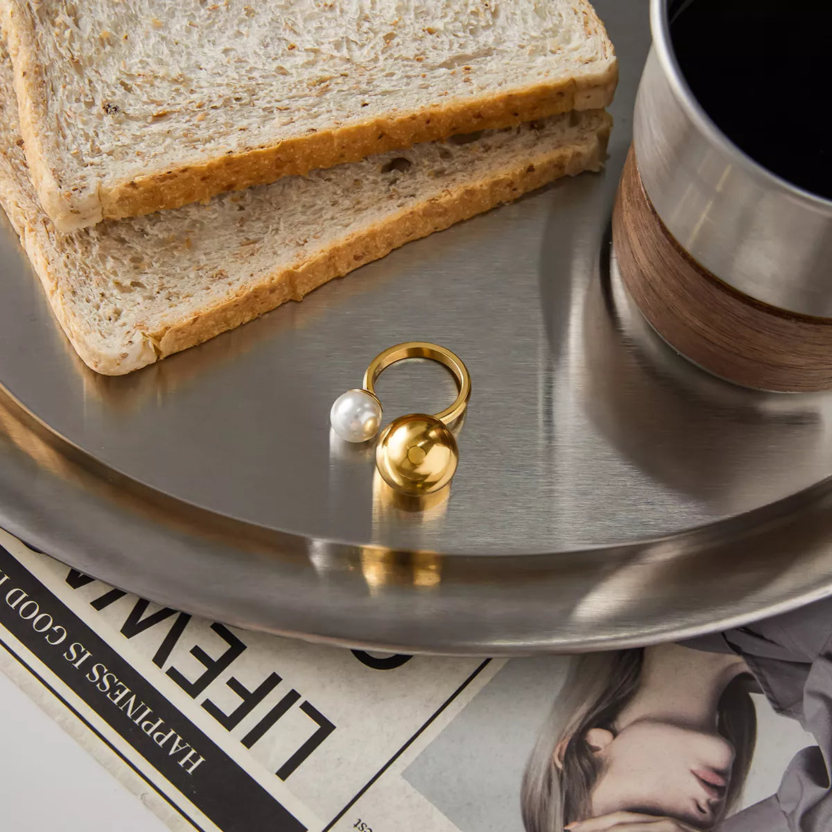 18K Gold-Plated Orb & Pearl Open Ring - alternate ring view