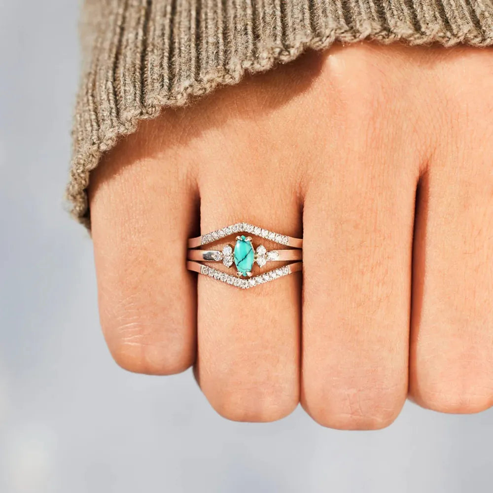 Artificial Turquoise V Shape Inlaid Zircon Ring in Silver - women's ring