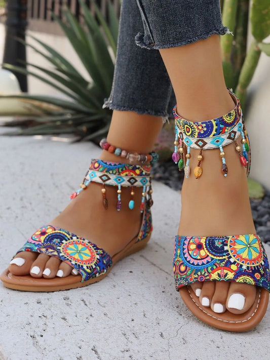 Beaded Ankle Strap Sandals in Color - women's strappy flat sandals