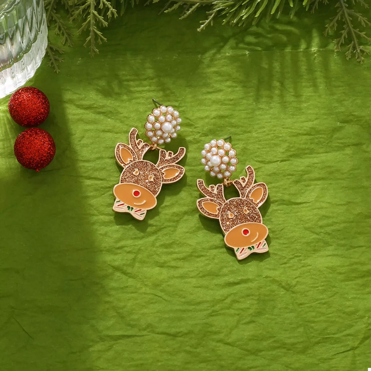 Reindeer Drop Earrings with Pearl Accents in Camel - women's drop earrings