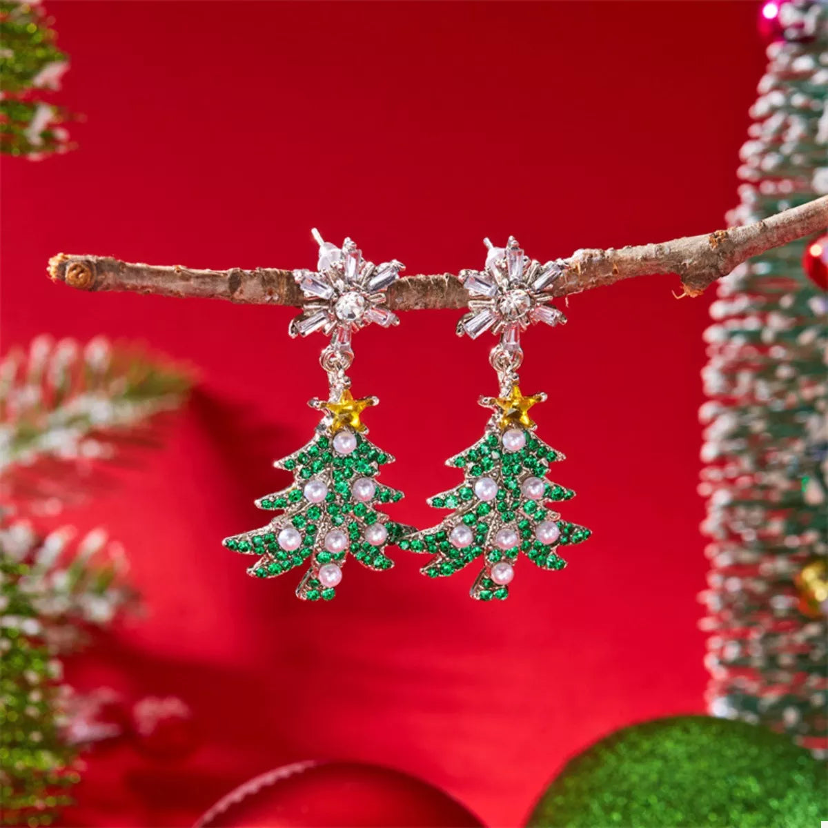 Christmas Tree Snowflake Dangle Earrings - alternate earring view
