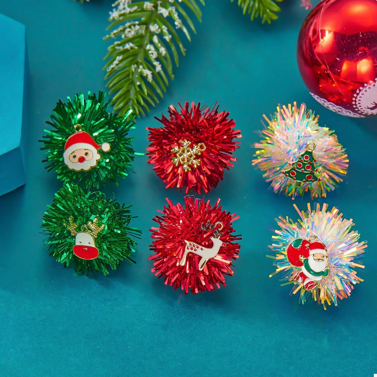 Christmas Asymmetrical Tinsel Ball Earrings in Red - women's earrings