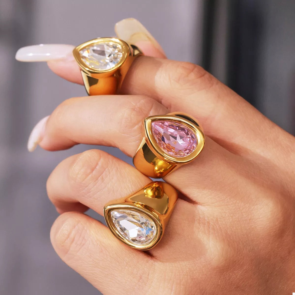 18K Gold-Plated Teardrop Zircon Ring in Blush Pink - women's ring