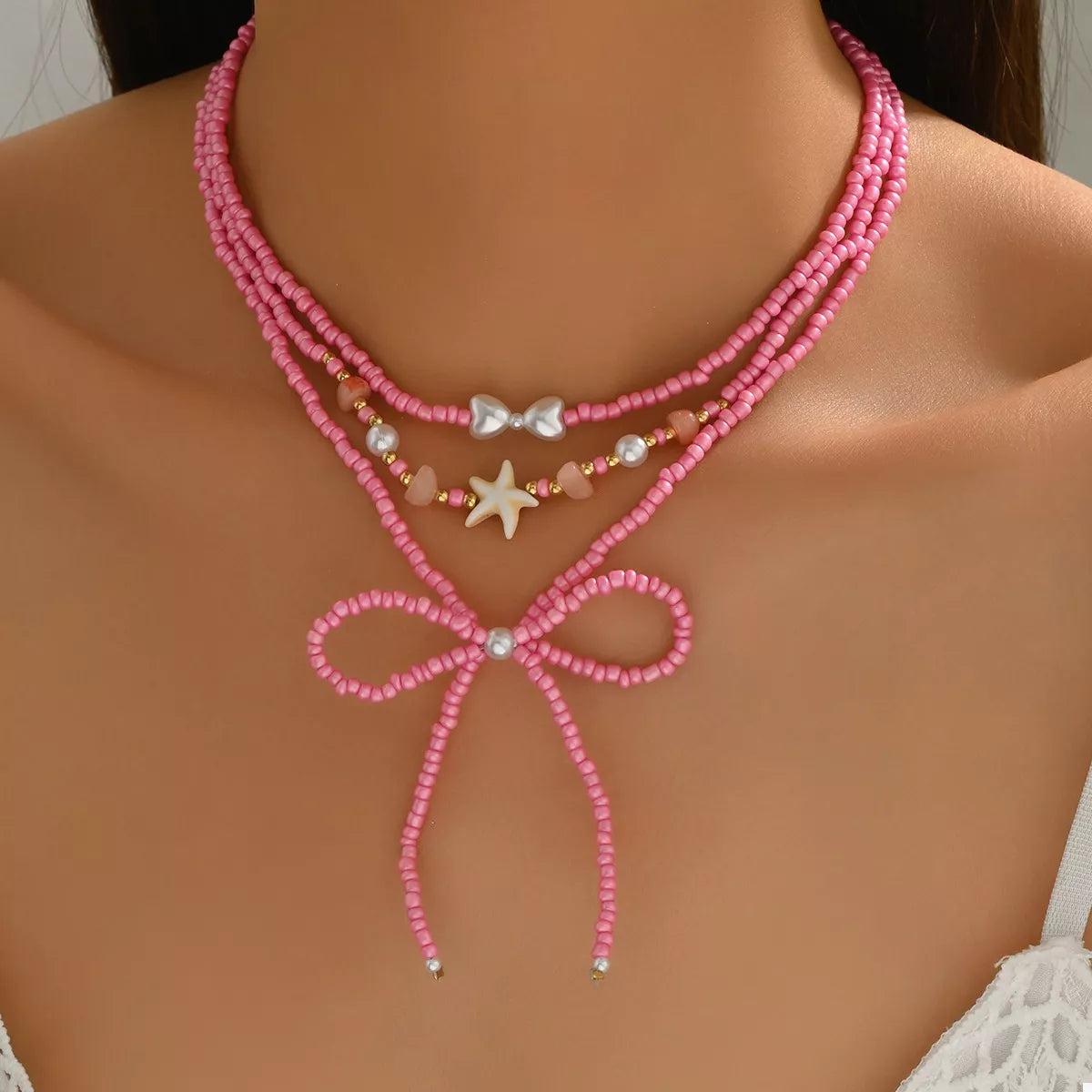 Beaded Three-Layered Necklace with Bow and Starfish Charms - alternate necklace view