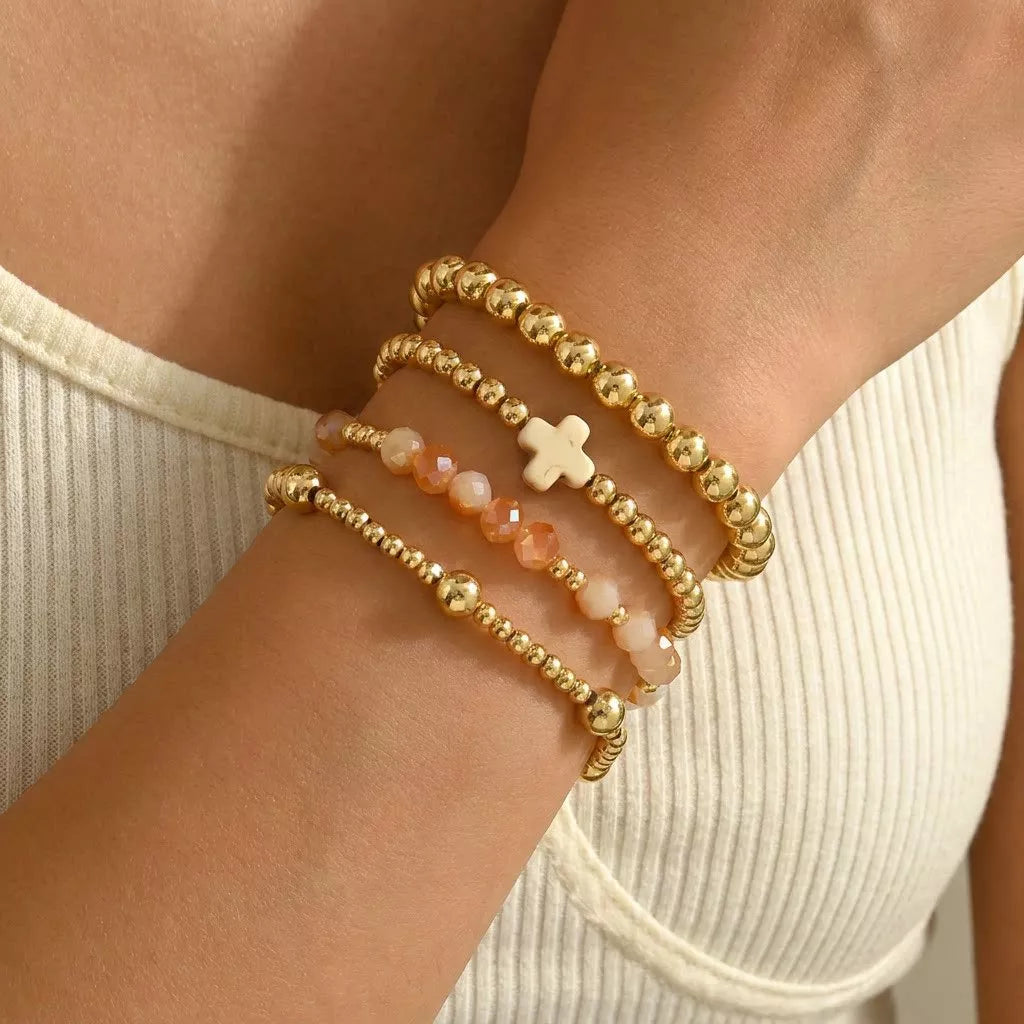 4 Piece Bead Bracelet Set with Cross Charm in White - women's charm bracelet