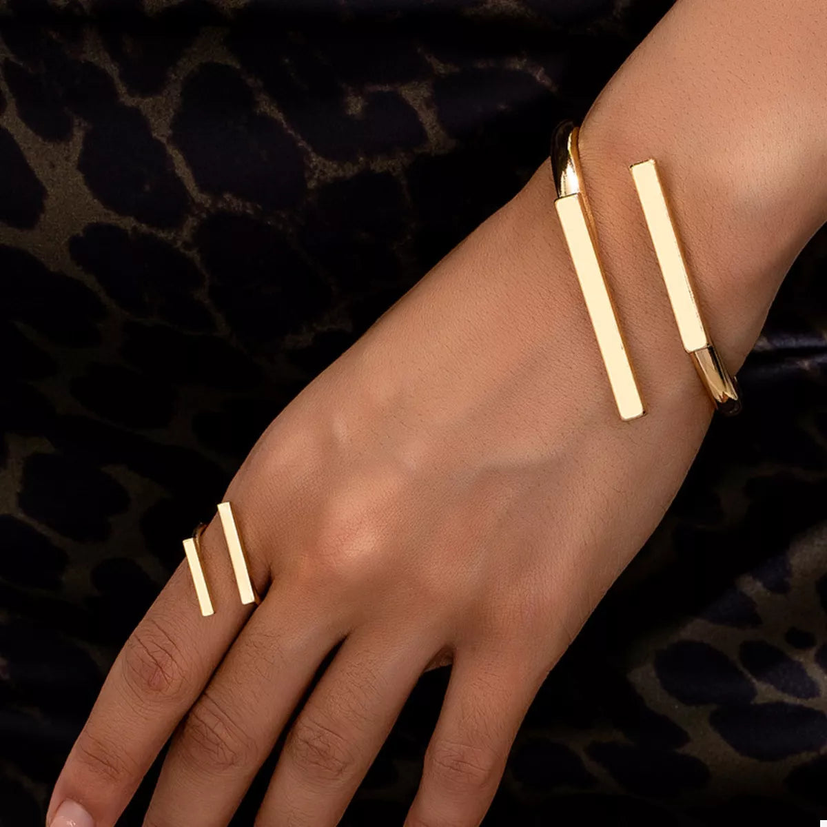 Adjustable 18K Gold-Plated Modern Bar Bracelet & Ring Set in Golden - women's bracelet and ring set