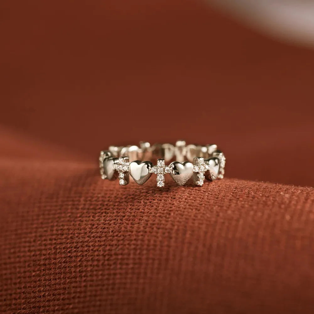Heart Cross Sterling Silver Ring in Silver - women's ring