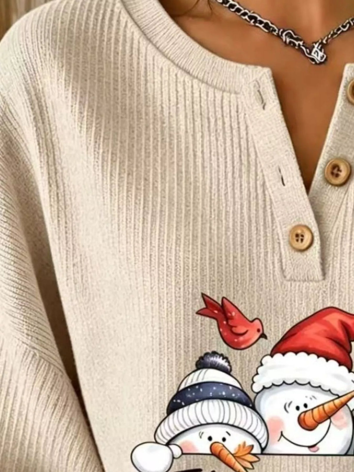 Christmas Themed Snowman Graphic Ribbed Henley Sweatshirt in Scarlet - women's sweatshirt