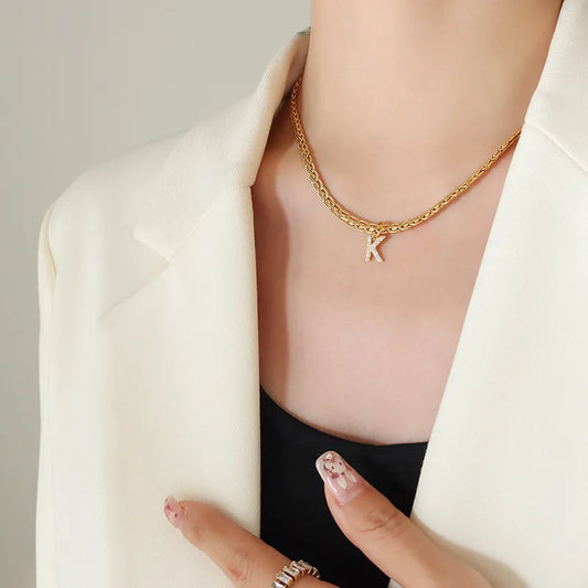 Brass Inlaid Zircon Letter Pendant Necklace in Style K - women's pendant necklace