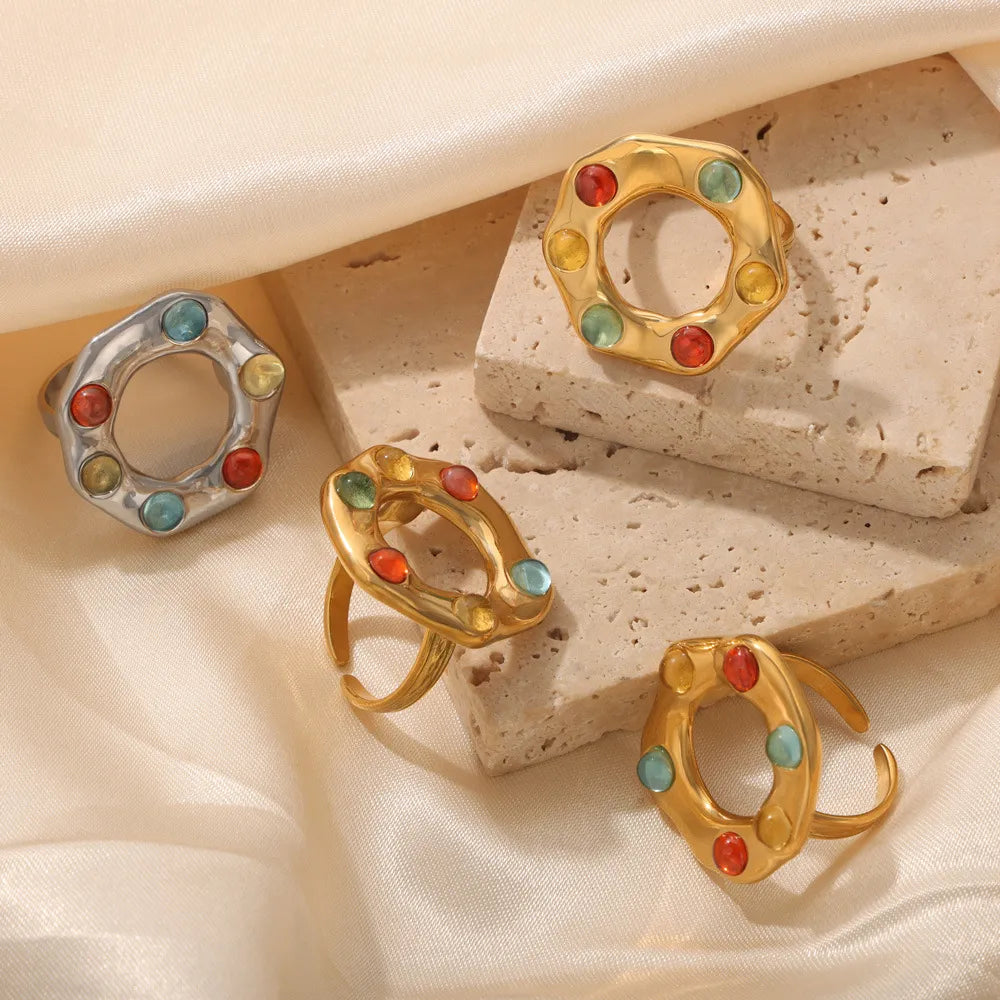 Titanium Steel Glass Bead Ring in Gold - women's ring