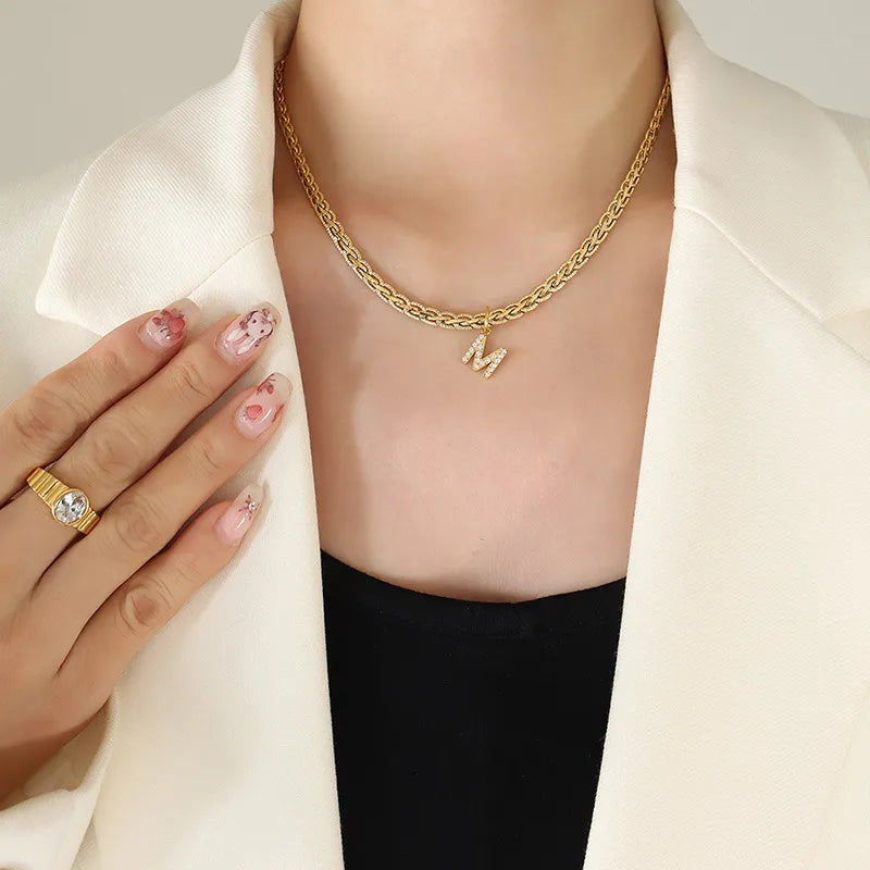 Brass Inlaid Zircon Letter Pendant Necklace in Style M - women's pendant necklace
