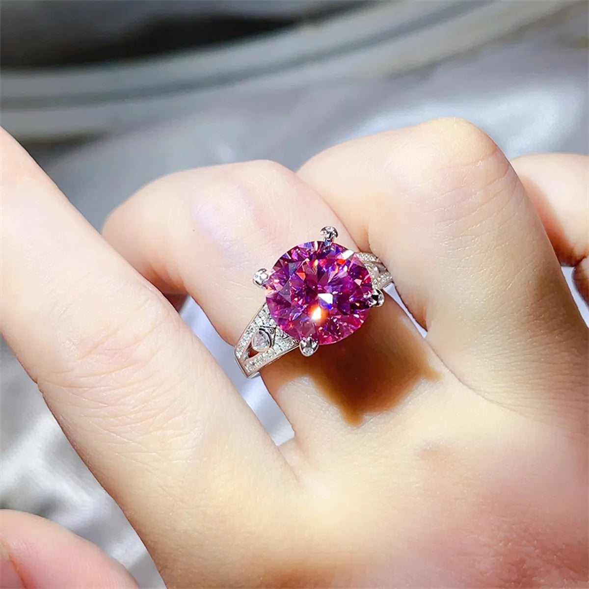 5 Carat Moissanite Sterling Silver Ring in Pink Purple - women's ring