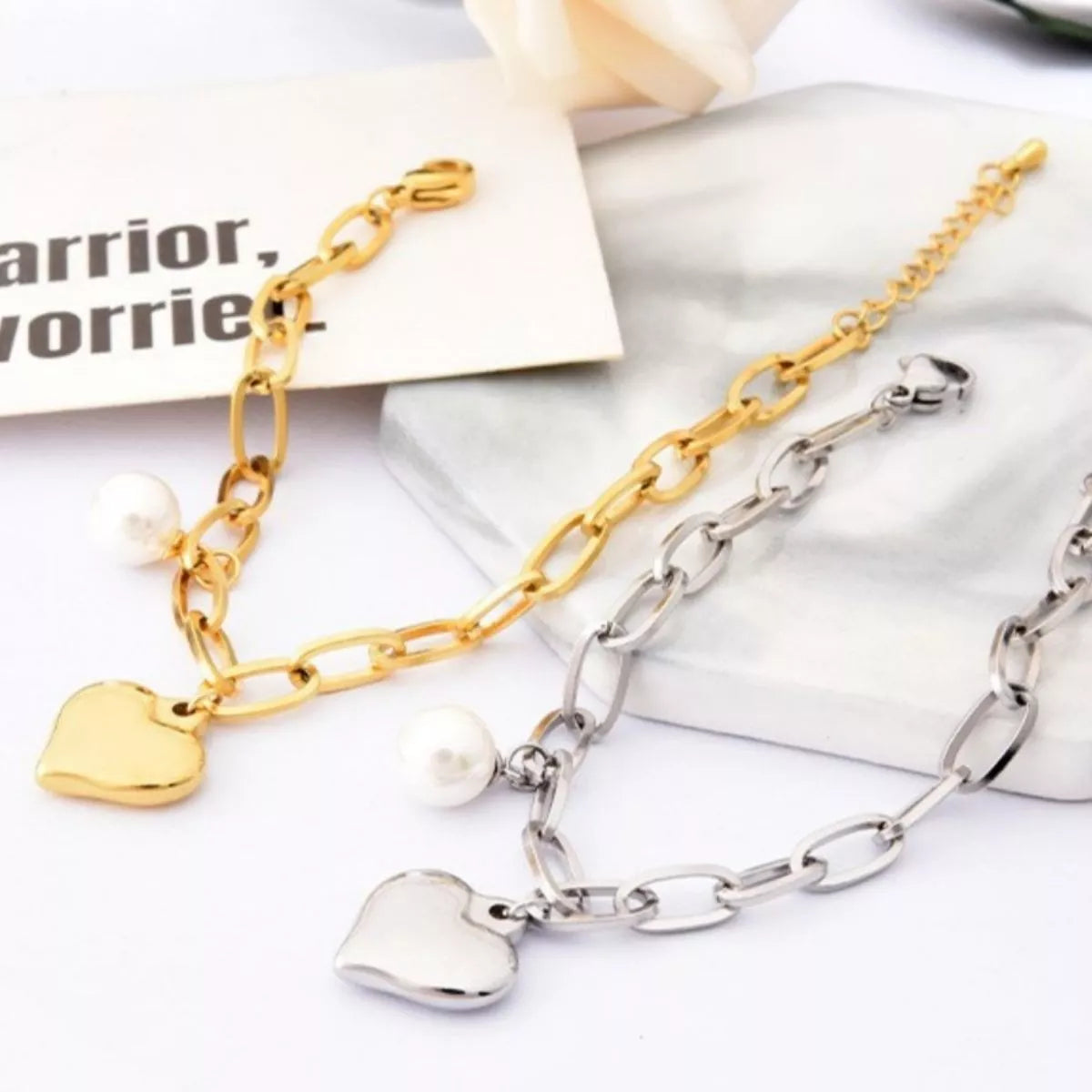Heart Charm Pearl Accent Chain Bracelet - alternate jewelry view