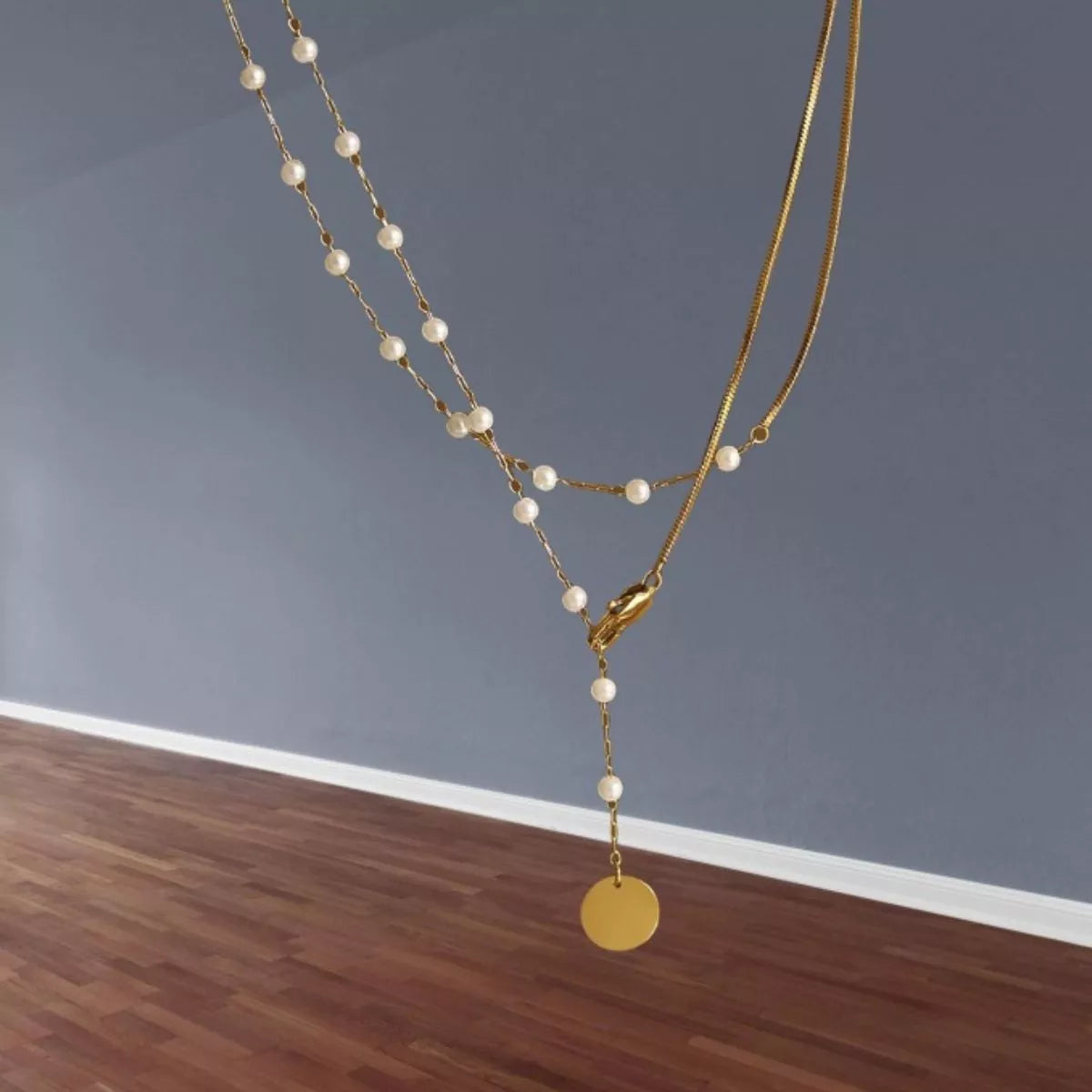 Elegant Gold-Tone Pearl Station Necklace with Coin Pendant - alternate necklace view