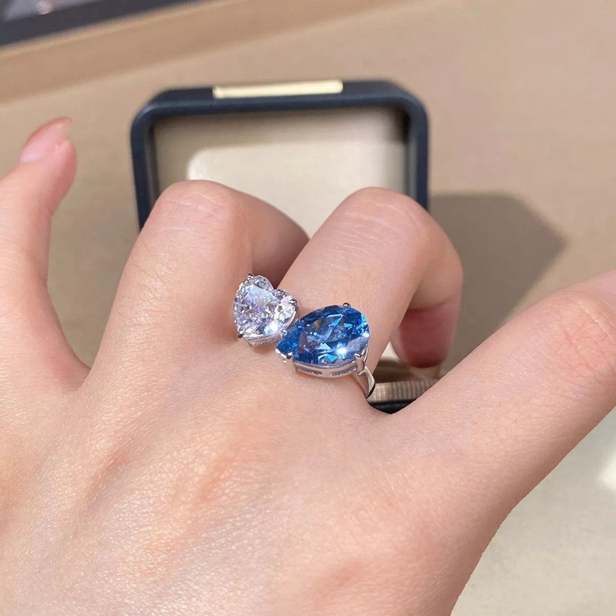 Heart and Teardrop Shaped Dual-Stone Open Ring - alternate ring view