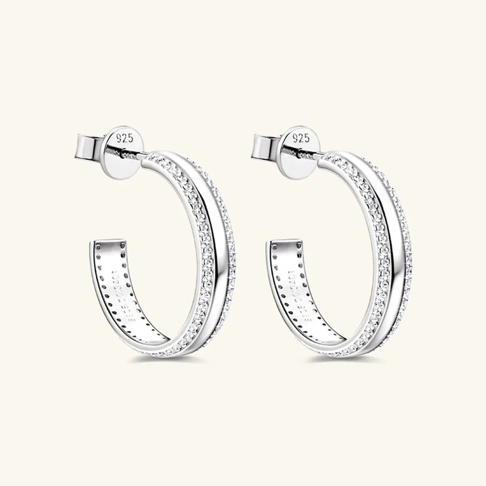 Sterling Silver Inlaid Moissanite C-Hoop Earrings in Silver - women's hoop earrings