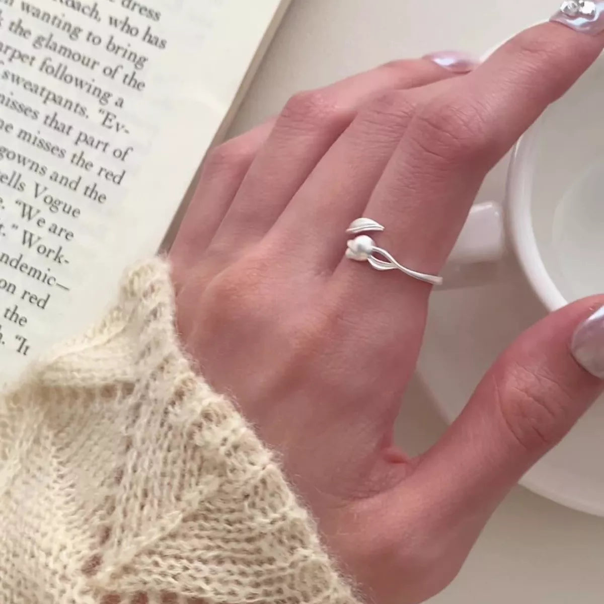 Sterling Silver Flower Bypass Ring - alternate ring view