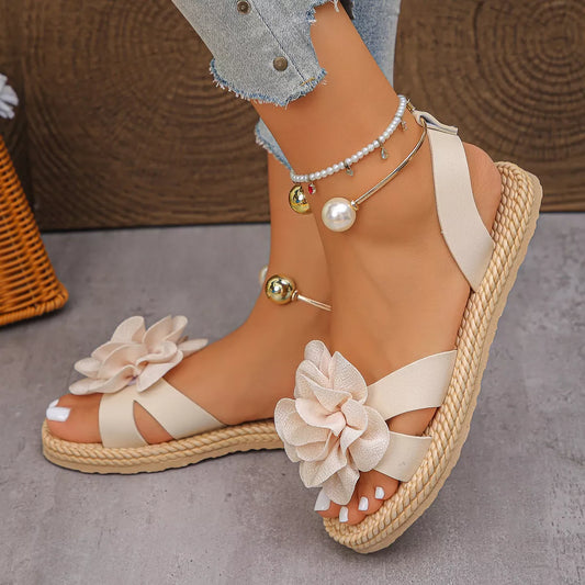 Flower Open-Toe Sandals in Beige - women's flat sandals