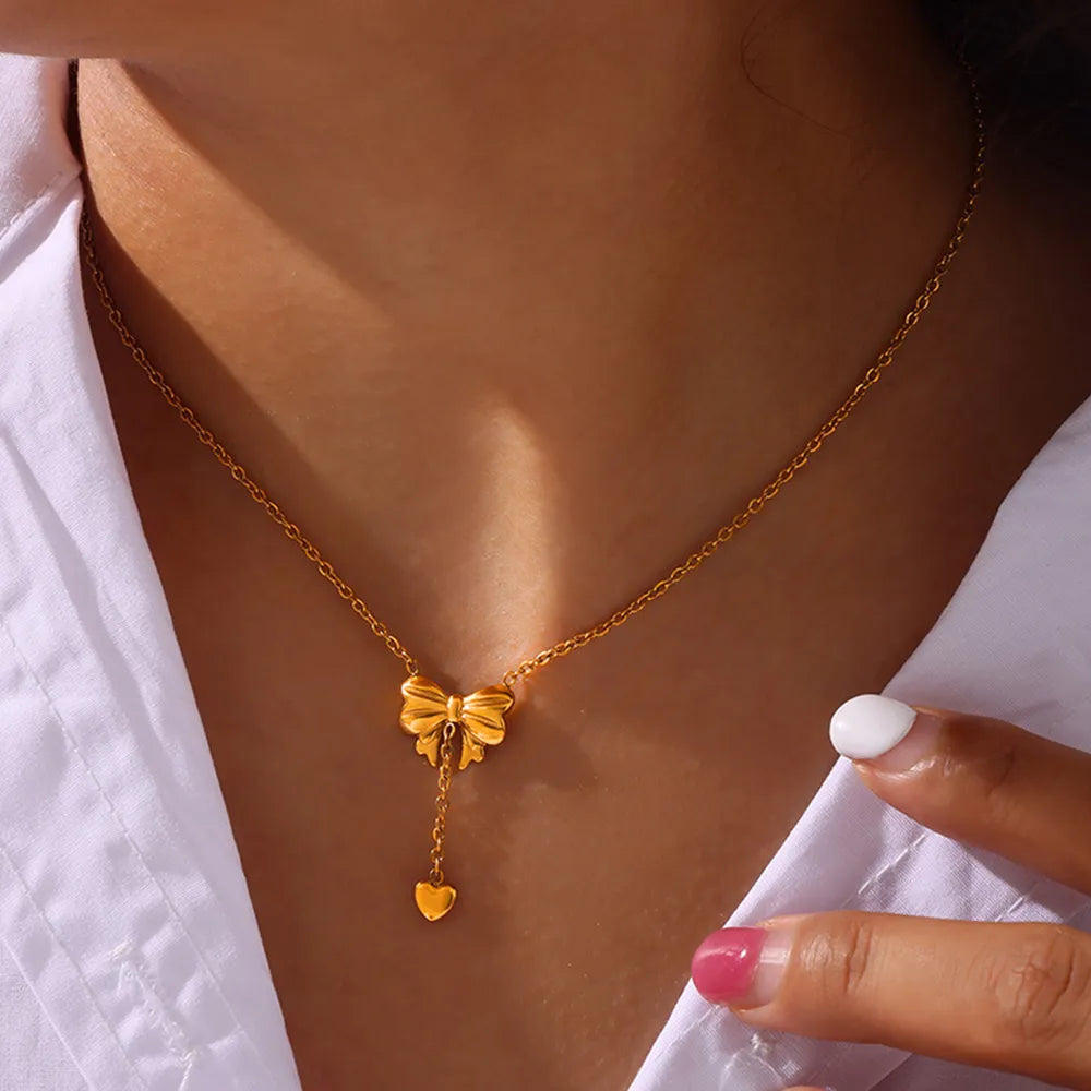 Titanium Steel Gold-Plated Bow Pendant Necklace in Gold - women's pendant necklace
