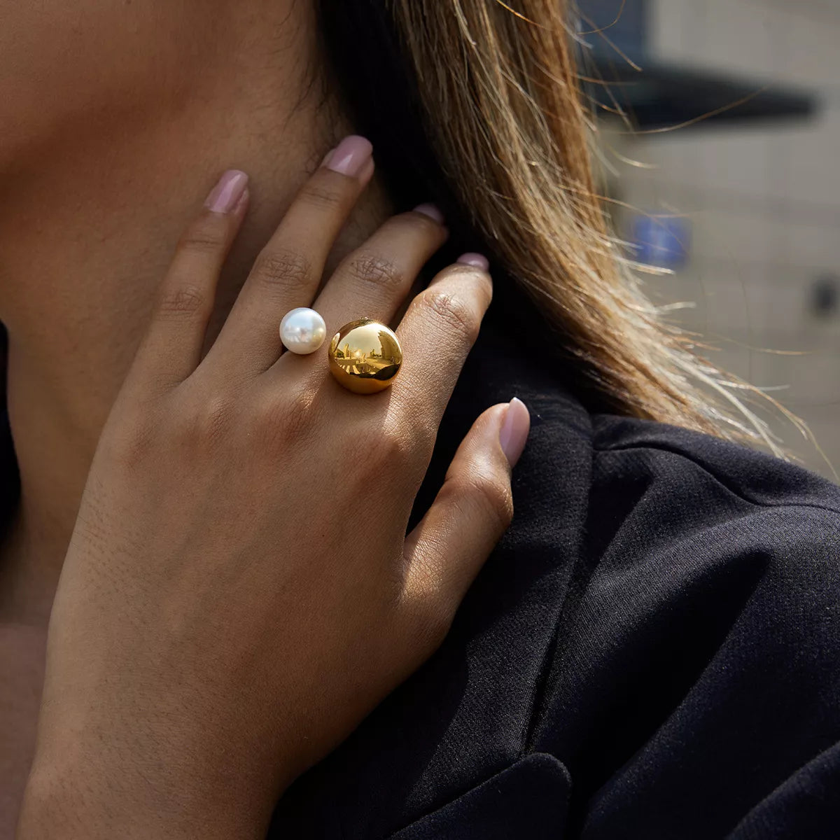 18K Gold-Plated Orb & Pearl Open Ring - alternate ring view