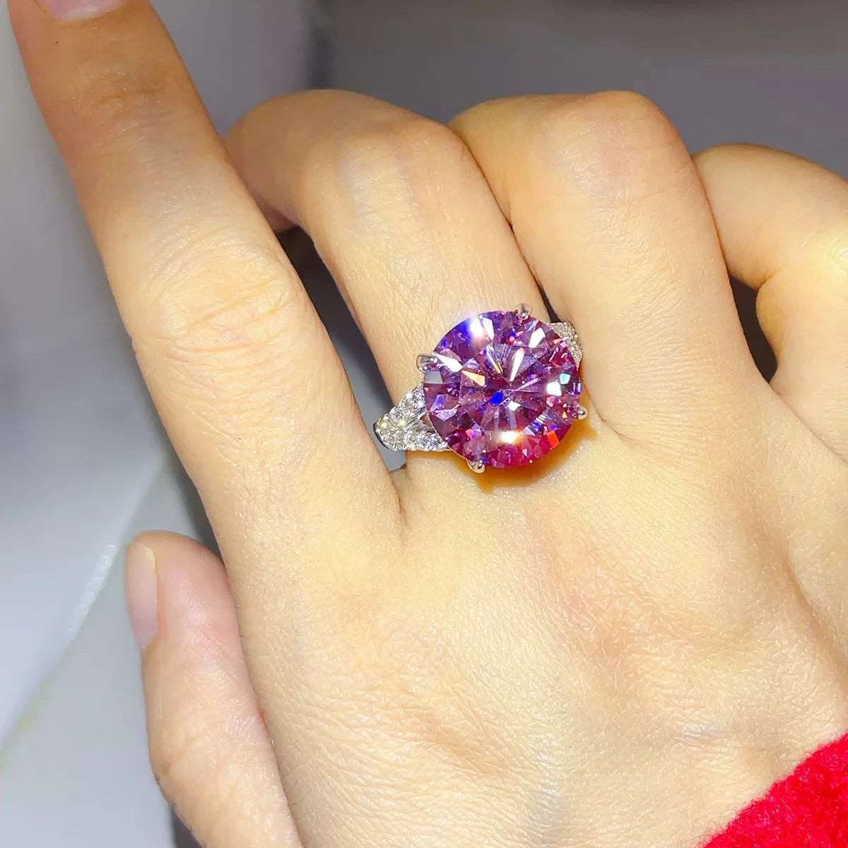 10 Carat Moissanite Sterling Silver Ring in Pink - women's ring