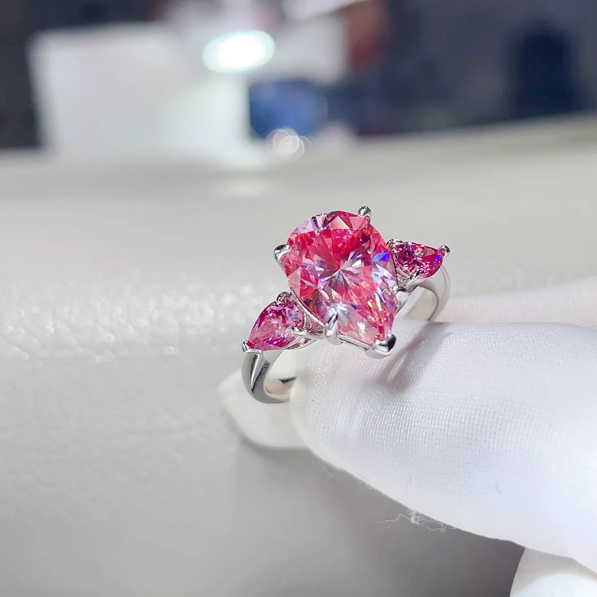 6 Carat Moissanite Sterling Silver Teardrop Ring in Pink - women's ring