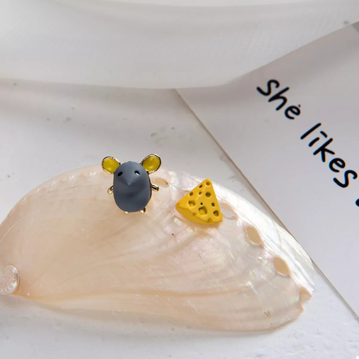 Asymmetrical Mouse & Cheese Stud Earrings - alternate earring view