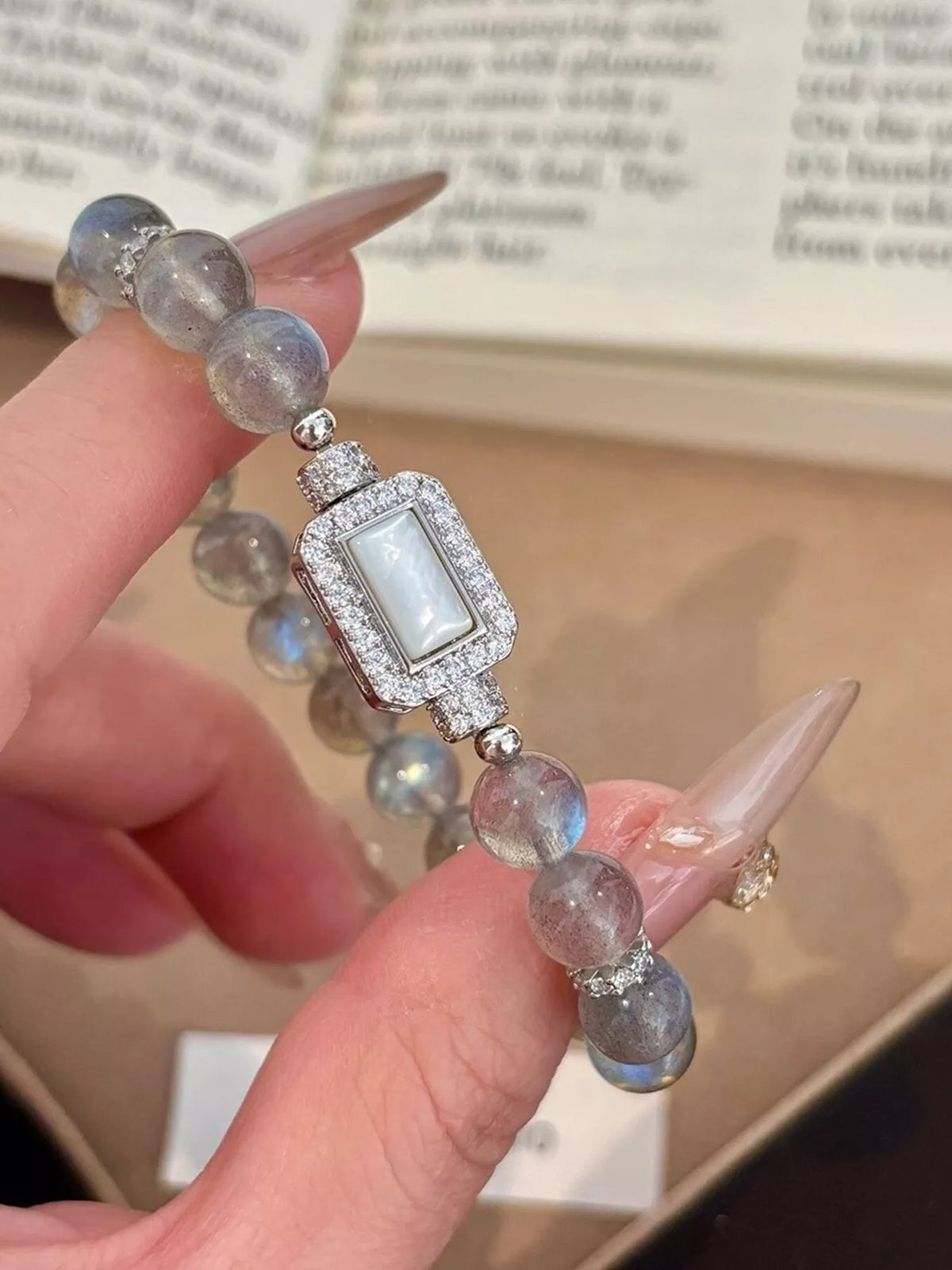 Moonstone Bead Geometric Bracelet in Silver - women's beaded bracelet