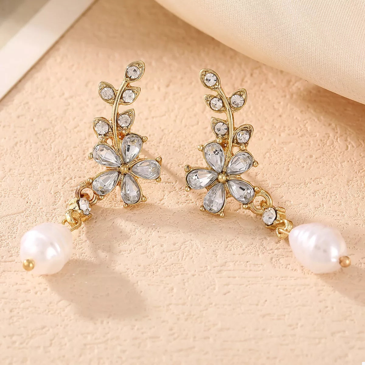 Flower Pearl Drop Earrings - alternate earring view