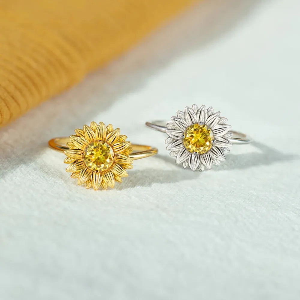 Sunflower Zircon Sterling Silver Ring in Gold - women's ring
