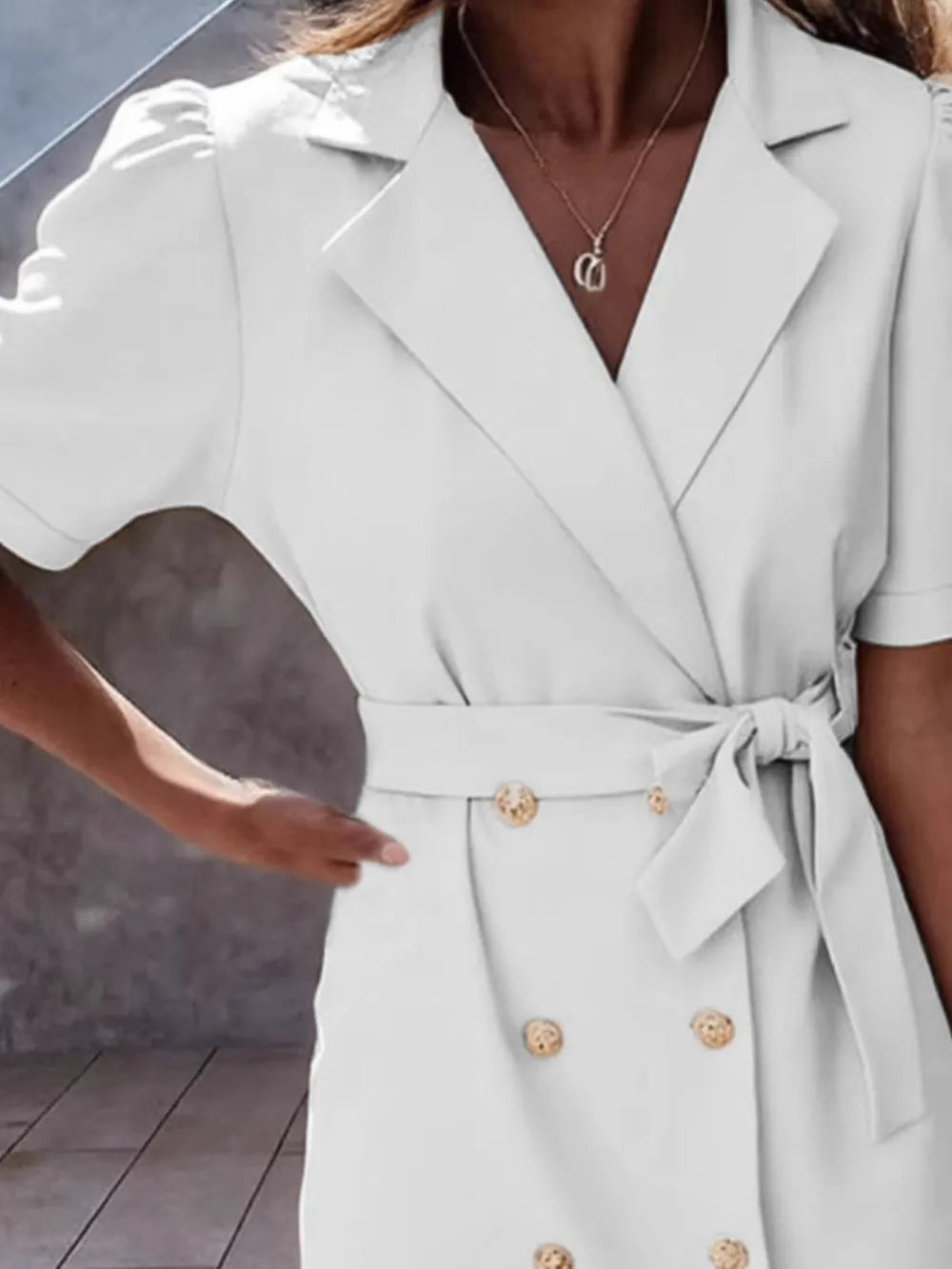 Lapel Collar Short Sleeve Tie Waist Mini Dress in White - Blossom's