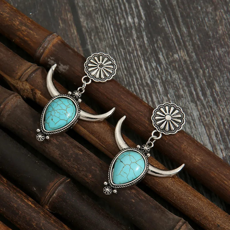 Artificial Turquoise Alloy Cow Head Earrings in Turquoise - women's earrings