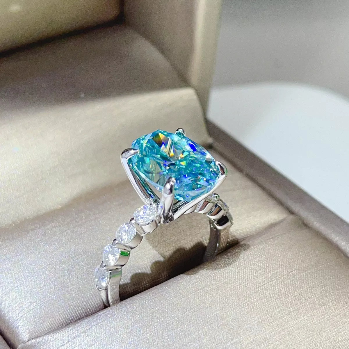 10 Carat Sterling Silver Moissanite Oval Ring in Cerulean - women's ring