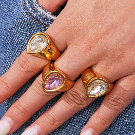 18K Gold-Plated Teardrop Zircon Ring in White - women's ring