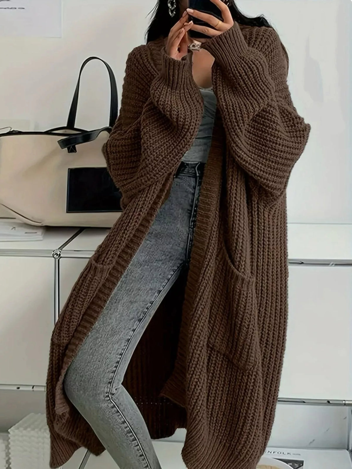 Chunky-Knit Openwork Front Longline Cardigan in Coffee - women's cardigan