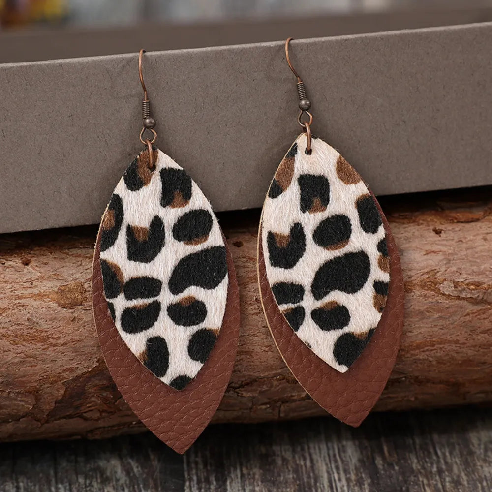 Leaf Shape Leather Dangle Earrings - alternate earring view