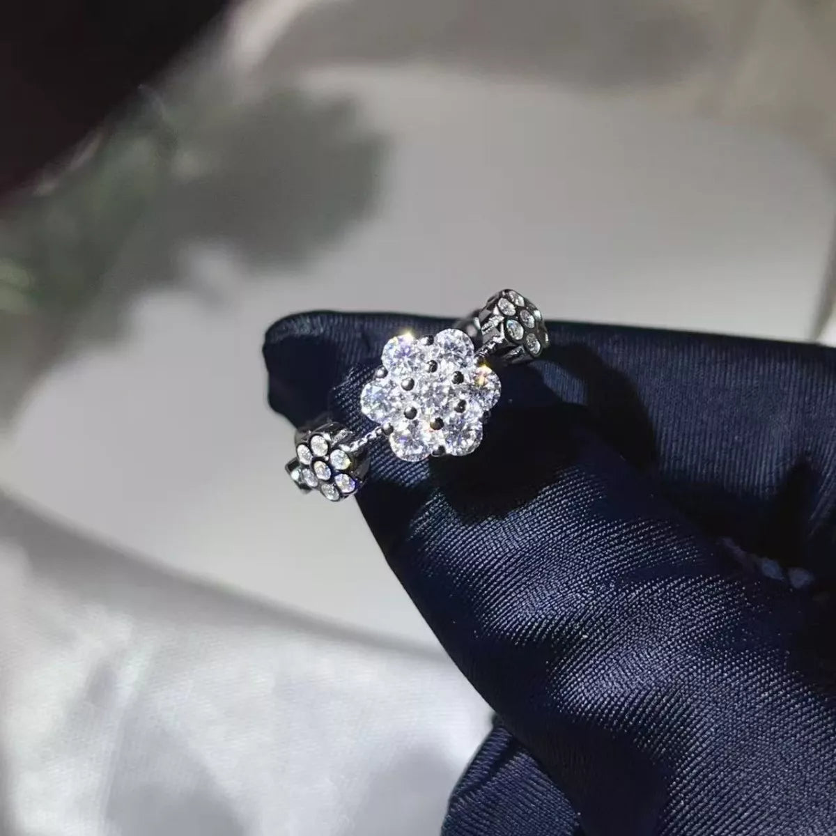 Sterling Silver Moissanite Flower Ring in Silver - women's ring