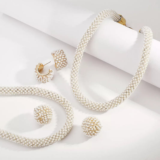 Pearl Embellished Earrings and Necklace Set in Style B - women's necklace