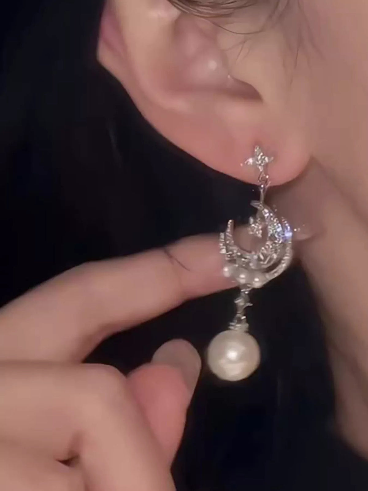 Moon & Star Pearl Dangle Earrings - alternate earring view