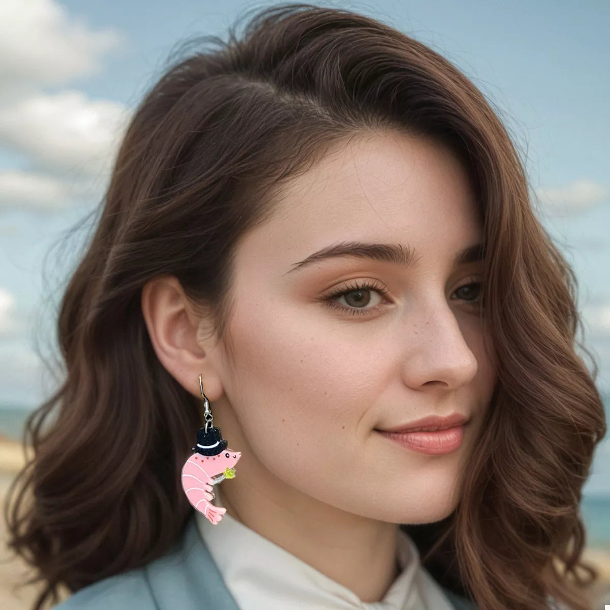 Whimsical Shrimp Earrings with Top Hats - alternate earring view