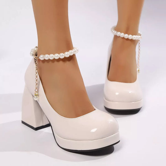 Round-Toe Block-Heel Pumps in Beige - women's heels