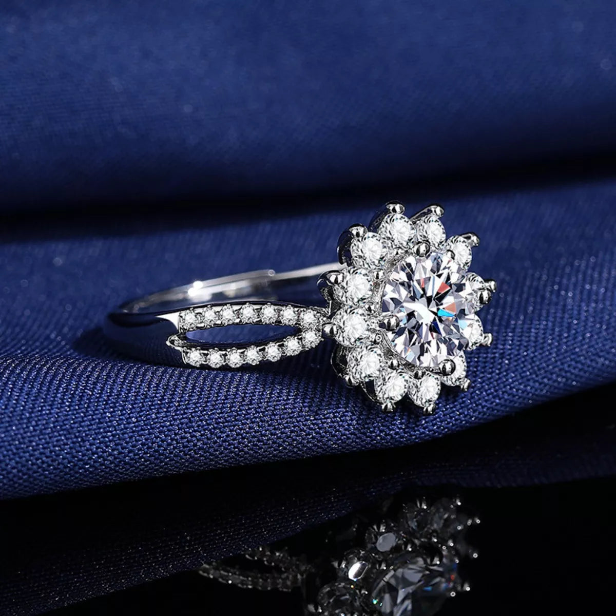 1 Carat Moissanite Sterling Silver Flower Ring - alternate ring view