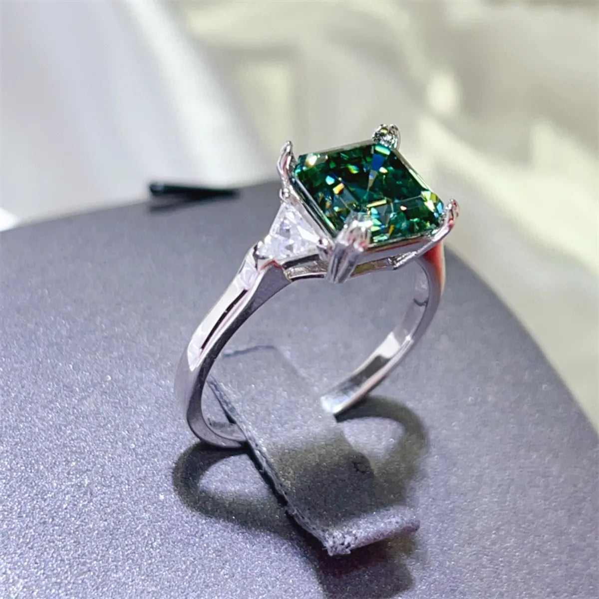 3 Carat Moissanite Sterling Silver Ring in Dark Green - women's ring