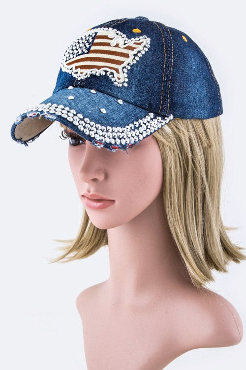 US Map Crystal Denim Cap