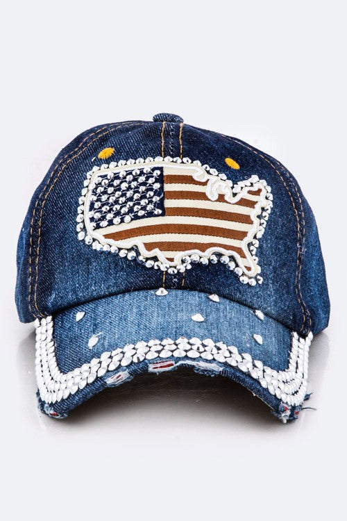 US Map Crystal Denim Cap