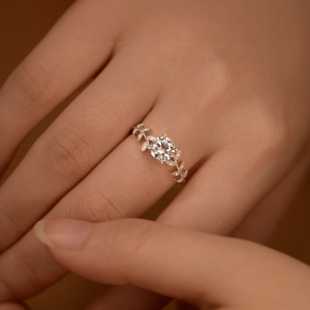 1 Carat Moissanite Sterling Silver Leaf Ring - alternate ring view