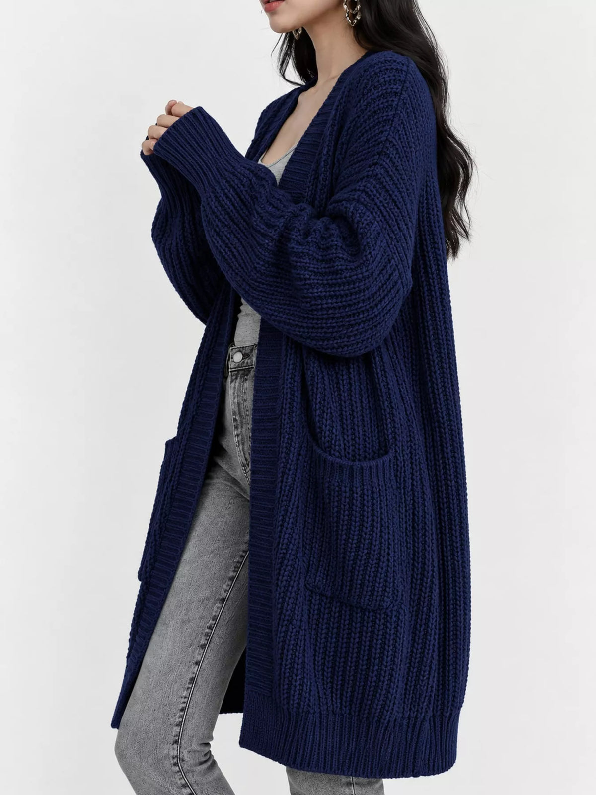 Chunky-Knit Openwork Front Longline Cardigan in Navy - women's cardigan