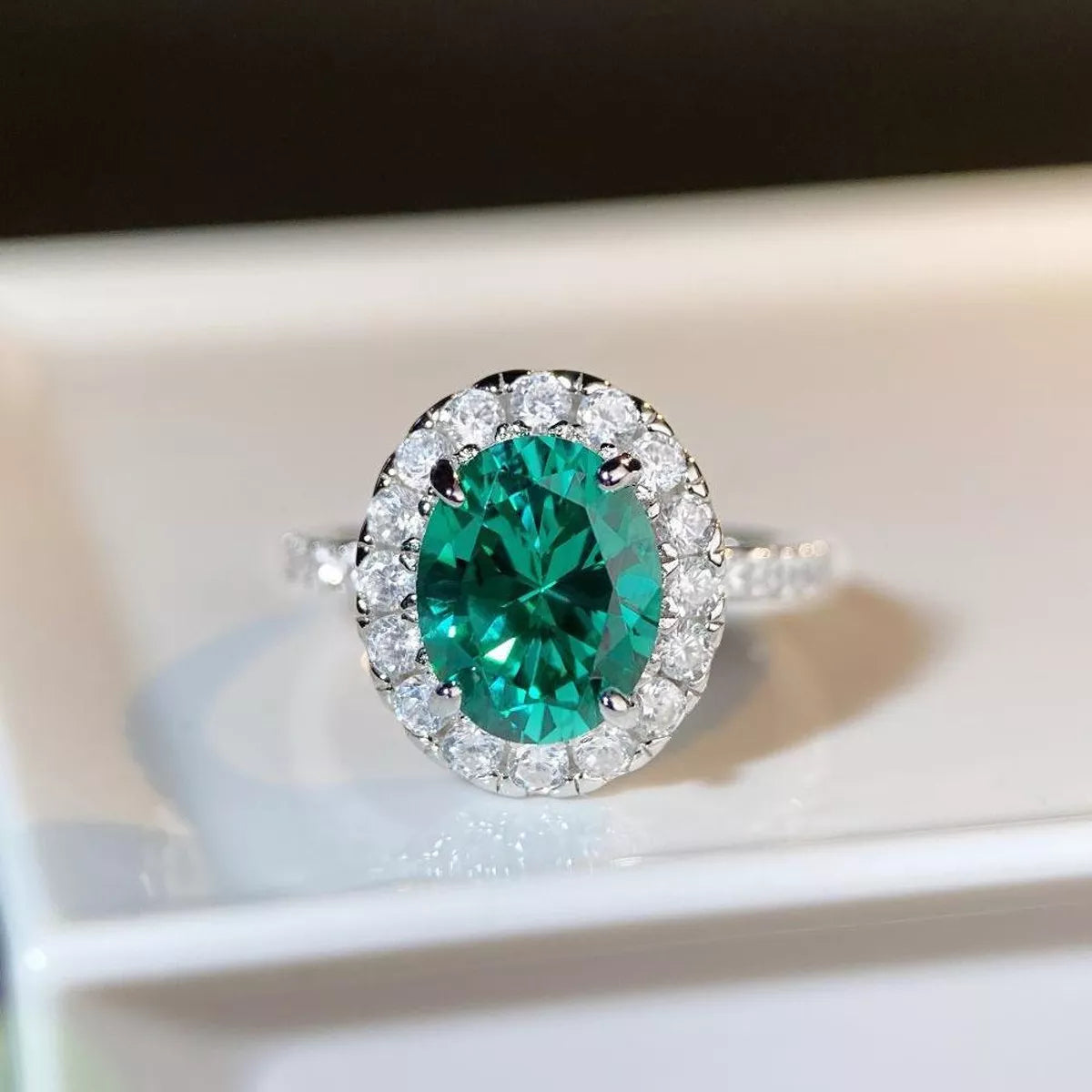 Sterling Silver Oval Zircon Ring in Dark Green - women's ring