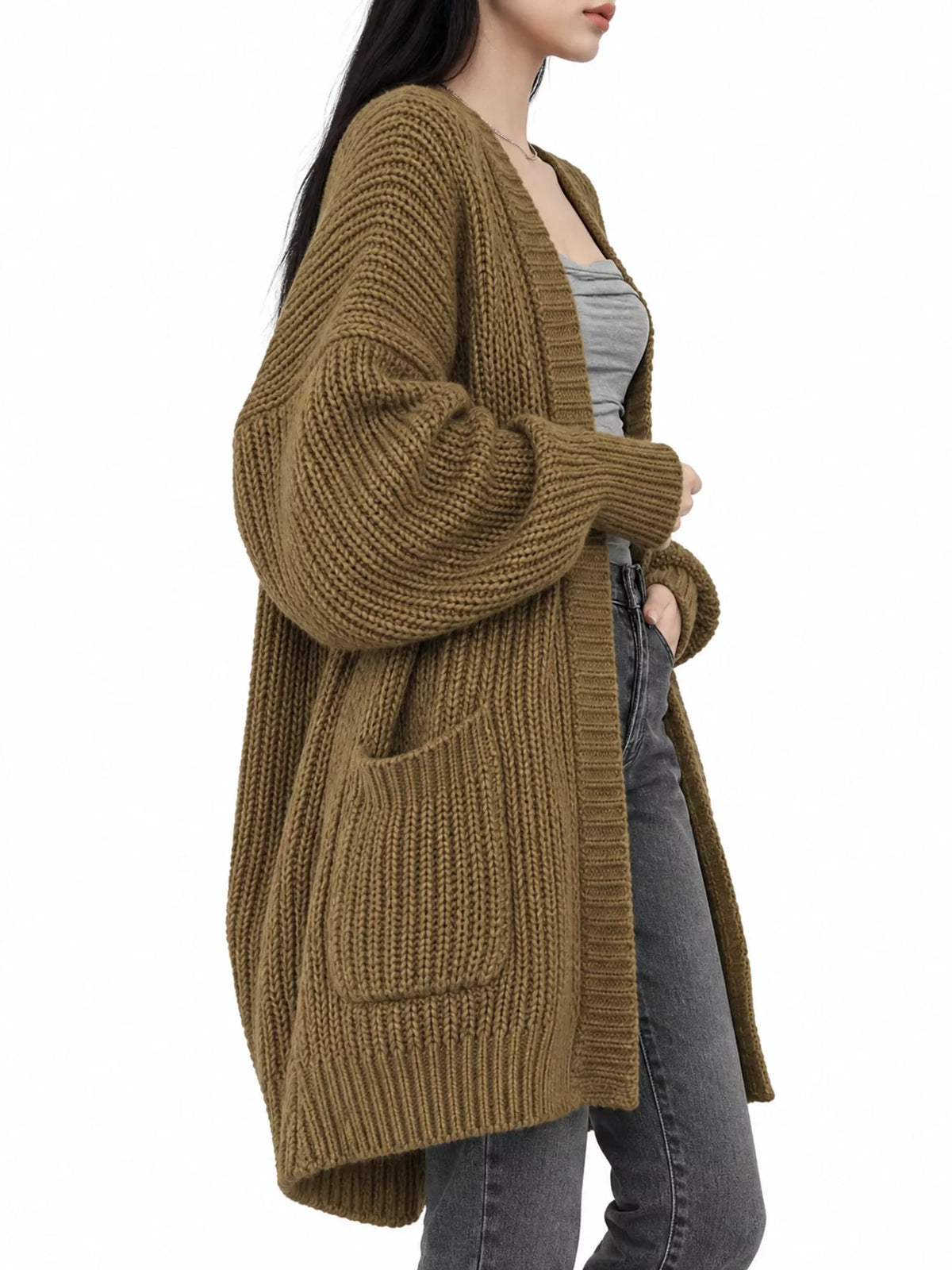 Chunky-Knit Openwork Front Longline Cardigan in Coffee - women's cardigan